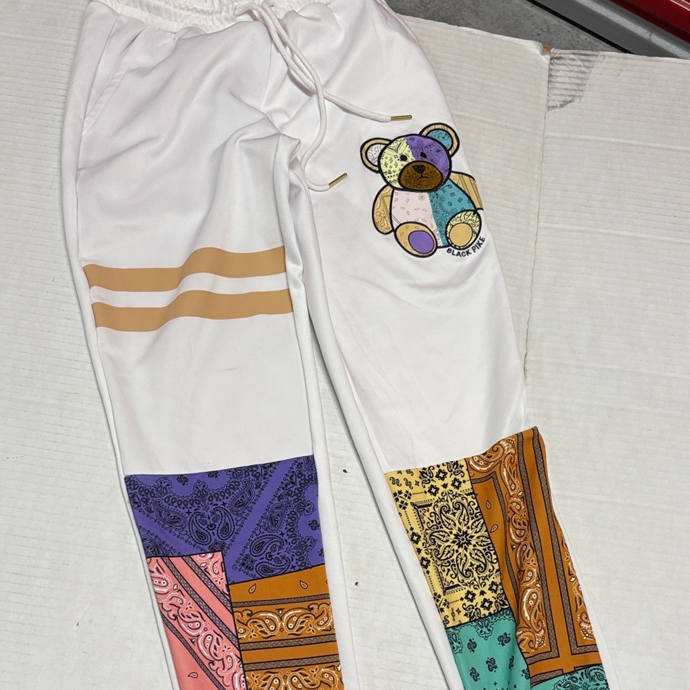 Kids Colorful Patchwork Joggers with Bear Motif